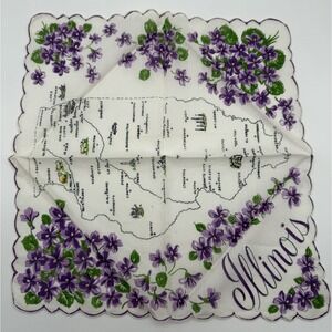 Vtg‎ ILLINOIS Franshaw Souvenir State Map Hanky~Hankie~Scalloped Edges
